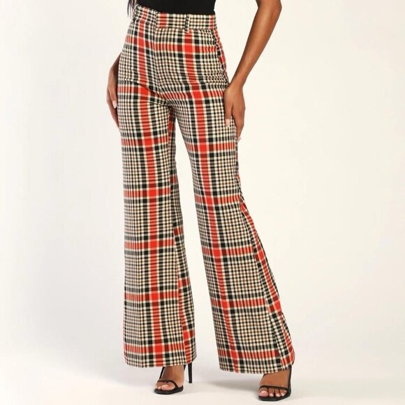 Free People Women’s Jules Plaid Flare Pants Size 0 Orange High Waist New - Picture 1 of 13